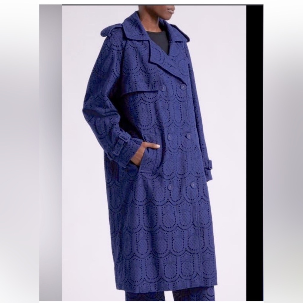 Farm Rio Oversized Navy Blue Pineapple Cotton Eyelet Trench Coat